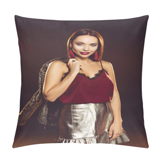 Personality  Seductive Young Woman In Glamour Dress Posing With Jacket Over Shoulder On Black With Backlit  Pillow Covers