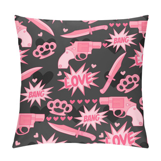 Personality  Love. Dangerous Love. Funny Pattern With Pink Guns, Knife, Brass Knuckles And More Hearts. Pillow Covers
