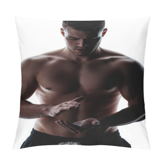 Personality  Sexy Muscular Bodybuilder With Bare Torso Applying Talcum Powder On Hands Isolated On White Pillow Covers