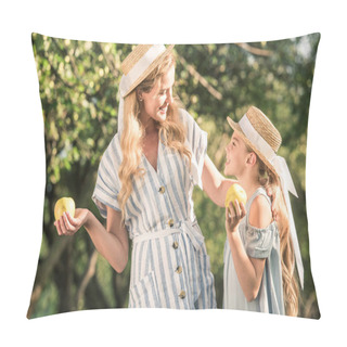 Personality  Beautiful Mother And Daughter In Straw Hats Holding Appples In Garden With Sunlight  Pillow Covers