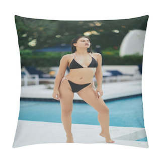 Personality  Captivating And Confident Brunette Woman Dressed In Sexy Black Bikini Posing Next To Public Swimming Pool In The Vibrant City Of Miami, USA, Luxury Resort, Blurred Background  Pillow Covers