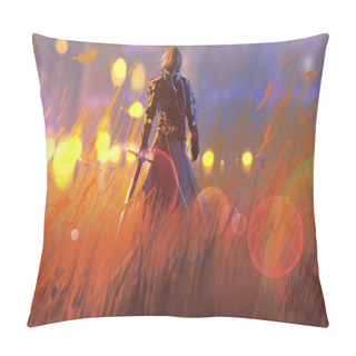 Personality  Knight Warrior Standing With Sword In Field Pillow Covers