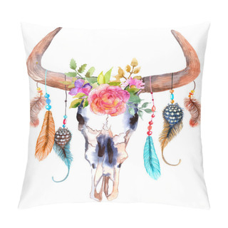 Personality  Watercolor Bull Skull With Flowers And Feathers Pillow Covers