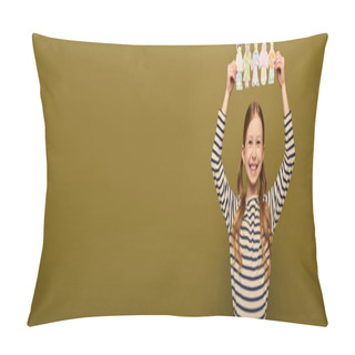 Personality  Carefree Preteen Red Haired Girl In Striped Shirt Holding Drawn Paper Characters During Child Protection Day Celebration On Khaki Background With Copy Space, Banner  Pillow Covers