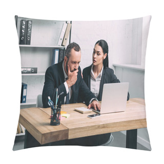 Personality  Portrait Of Stressed Business People In Suits At Workplace With Laptop In Office Pillow Covers