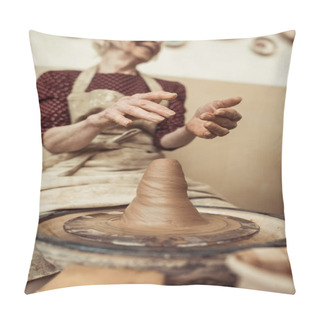 Personality  Front View Of Female Craftsman Working On Potters Wheel Pillow Covers