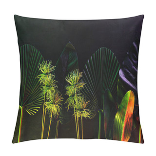 Personality  Top View Of Various Tropical Leaves Placed In Row With Red Lighting  Pillow Covers