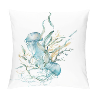 Personality  Watercolor Tropical Card Of Jellyfishes, Gold Laminaria And Linear Corals. Underwater Animals And Plant Isolated On White Background. Aquatic Illustration For Design, Print Or Background. Pillow Covers