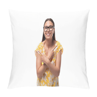 Personality  Young Smiling Brunette Woman With Glasses Wearing A Summer Orange T-shirt. Pillow Covers