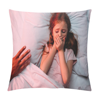 Personality  Male Hand Near Frightened Child Lying In Bed And Showing Hush Sign Pillow Covers