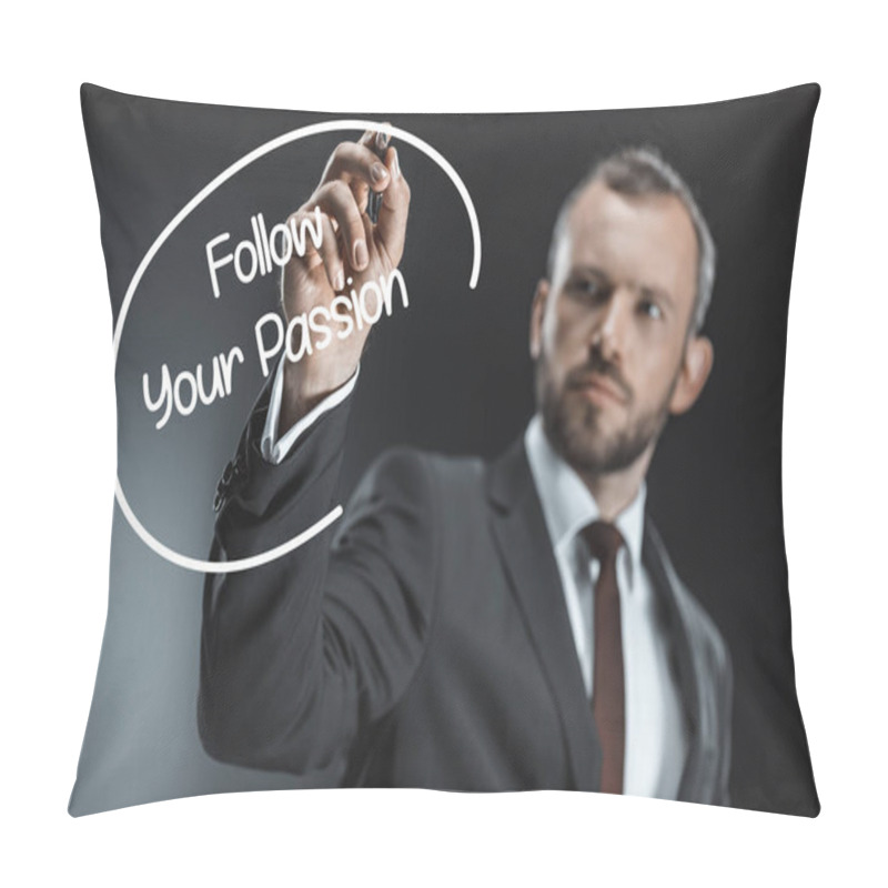 Personality  Caucasian Businessman With Pen Writing Inspirational Phrase Pillow Covers