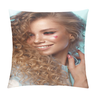 Personality  Pretty Girl With Curls Hairstyle, Classic Makeup, Freckles, Nude Lips And Manicure Design With Hearts. Beauty Face. The Image For Valentines Day Pillow Covers