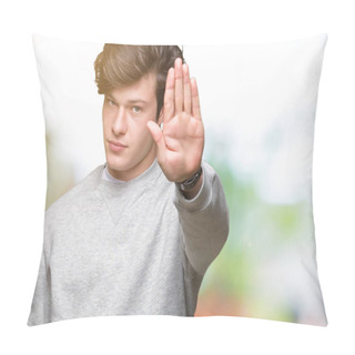 Personality  Young Handsome Sporty Man Wearing Sweatshirt Over Isolated Background Doing Stop Sing With Palm Of The Hand. Warning Expression With Negative And Serious Gesture On The Face. Pillow Covers