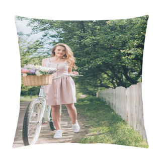 Personality  Young Beautiful Woman In Dress With Retro Bicycle With Wicker Basket Full Of Flowers At Countryside Pillow Covers