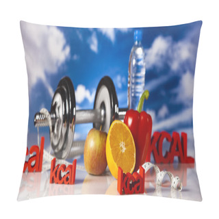 Personality  Diet And Fitness, Dumbell In Vitamins Pillow Covers