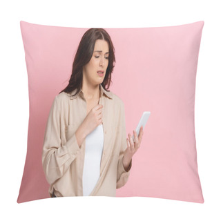 Personality  Worried Woman Holding Smartphone On Pink Background, Concept Of Body Positive  Pillow Covers