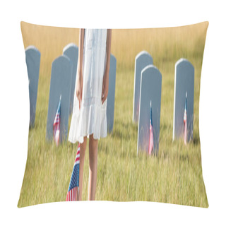 Personality  Panoramic Shot Of Kid In White Dress Standing On Graveyard With American Flag  Pillow Covers