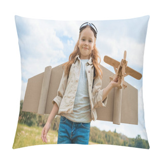 Personality  Portrait Of Smiling Red Hair Kid In Pilot Costume Holding Wooden Plane In Summer Field Pillow Covers