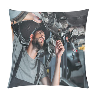 Personality  Mechanic In Overalls Repairing Car In Auto Repair Shop Pillow Covers