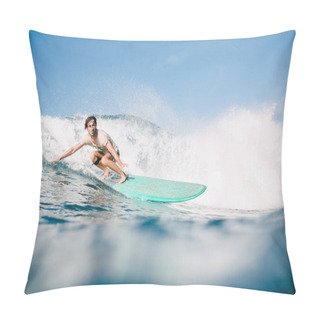 Personality  Handsome Man In Wet T-shirt Riding Waves On Surfboard While Having Vacation Pillow Covers