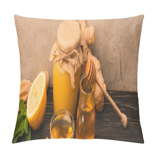 Personality  Sweet Honey, Mint Leaves, Ginger Root And Lemon On Wooden Surface Near Beige Concrete Wall Pillow Covers