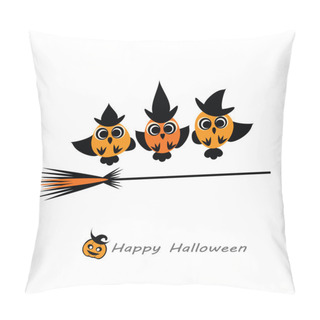 Personality  Halloween Vector Illustration - Owl Witches In Hats Flying On Broom. Cute Halloween Owlets Flat Silhouettes For Your Design. Halloween Card Template. Pillow Covers