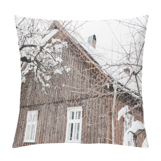 Personality  Rural Aged Wooden Cottage And Dry Trees Covered With Snow  Pillow Covers