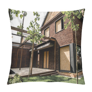 Personality  Real Estate Market, Modern Cottage, Brick Walls, Green Lawn, Patio Pillow Covers
