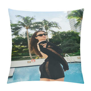 Personality  Summer Getaway, Sexy Brunette Woman With Tanned Skin Standing Next To Outdoor Swimming Pool, Tourist In Black Knitted Dress And Sunglasses In Luxury Resort During Vacation In Miami, Palm Trees   Pillow Covers