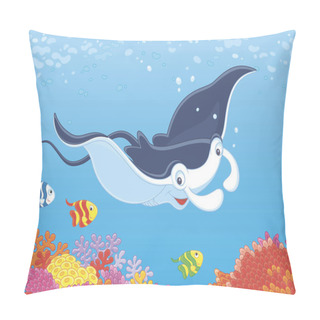 Personality  Big Manta Ray And Small Butterfly Fishes Swimming Over Coral Reef In Blue Water Of A Tropical Sea, Vector Illustration In A Cartoon Style Pillow Covers