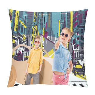 Personality  Adorable Stylish Child In Sunglasses Showing Thumb Up While Boy Standing Near Cardboard Car In Drawn City Pillow Covers