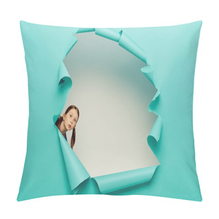 Personality  Surprised Redhead Preteen Girl Looking At Camera Through Blue Torn Paper Hole On White Background, International Child Protection Day Concept  Pillow Covers