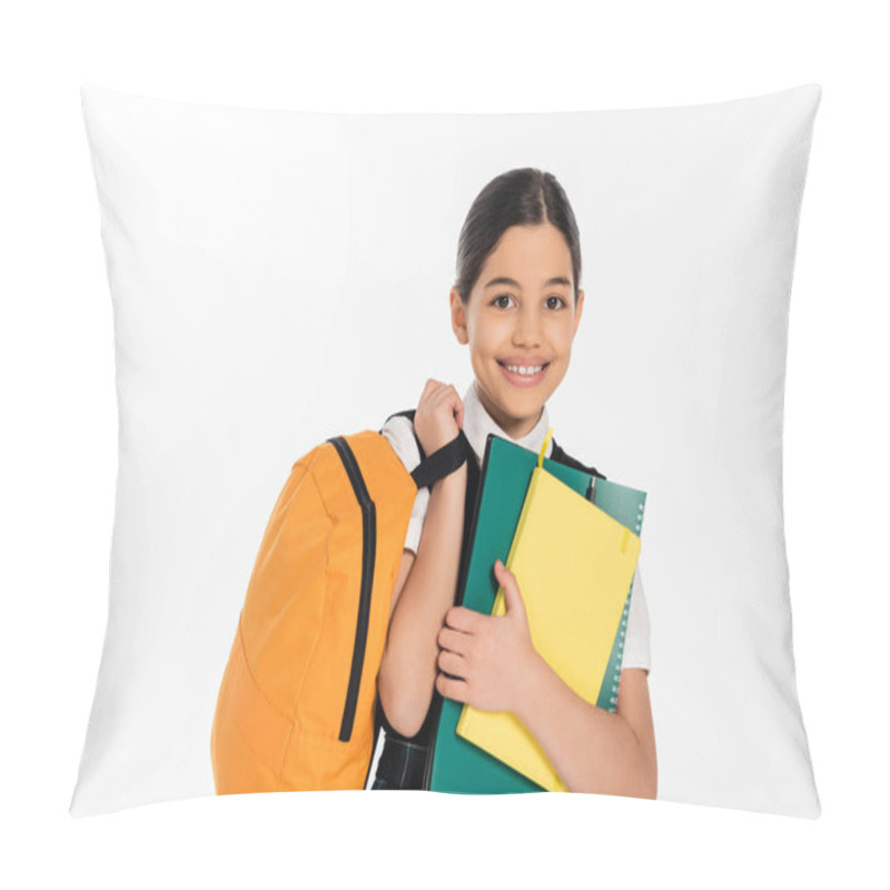 Personality  Happy Schoolgirl Standing With Notebooks In And Backpack In Hands, New School Year Concept, Student Pillow Covers