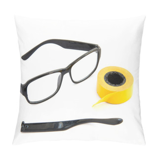 Personality  Broken Eye Glasses, Isolated On White Background. Black Celluloid Frame And Scotch Tape Pillow Covers