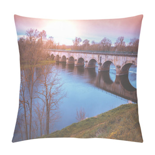 Personality  Digoin Canal Bridge. Boat Canal Bridge Over Laura River In Early Spring. Digoin, France Pillow Covers