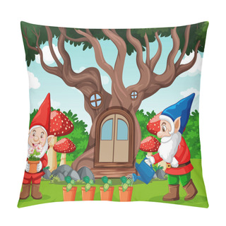 Personality  Gnomes And Tree House Cartoon Style On Garden Background Illustration Pillow Covers
