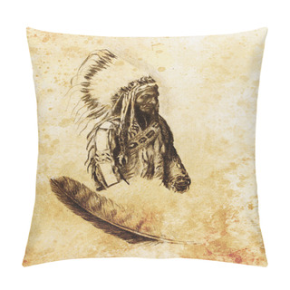 Personality  Drawing Of Native American Indian Foreman Sitting Bull - Totanka Yotanka According Historic Photography, With Beautiful Feather Headdress. Pillow Covers