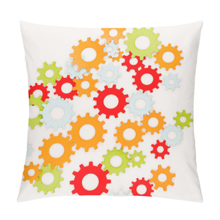 Personality  Top View Of Multicolored Gears Isolated On White Pillow Covers