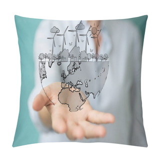 Personality  Businesswoman Touching And Holding Renewable Energy Sketch Pillow Covers