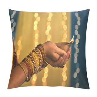 Personality  Diwali Festival Of Lights , Hands Holding Indian Oil Lamp Pillow Covers