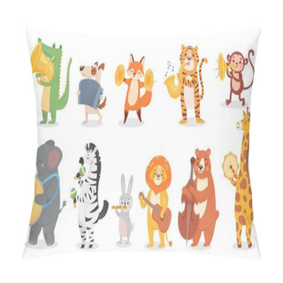 Personality  Animals Play Music. Cute Animal Playing Music Instruments, Monkey Plays Trumpet And Crocodile With Saxophone Vector Illustration Set Pillow Covers