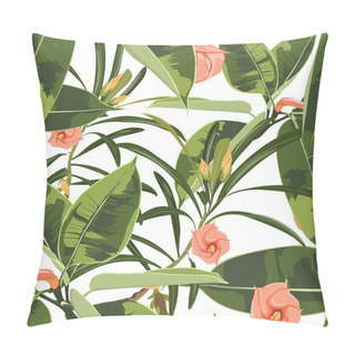 Personality  Beautiful Seamless Floral Pattern Background With Exotic Bright Ficus Elastica And Exotic Flowers. Perfect For Wallpapers, Web Page Backgrounds, Textile. White Background. Aloha Art Backdrop Background Pillow Covers