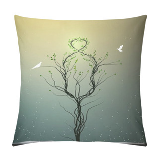 Personality  Magic Tree Of Spring Love, Tree With Heart Obove And Two White Birds Flying To It, Secret Tree Of Love, Pillow Covers