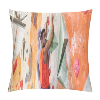 Personality  Handsome African American Man In Orange Shirt Climbing Up The Wall And Looking At Camera, Banner Pillow Covers