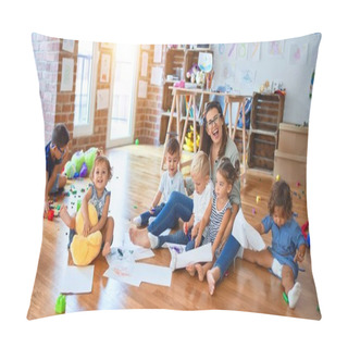 Personality  Beautiful Teacher And Group Of Toddlers Sitting On The Floor Drawing Using Paper And Pencil Around Lots Of Toys At Kindergarten Pillow Covers