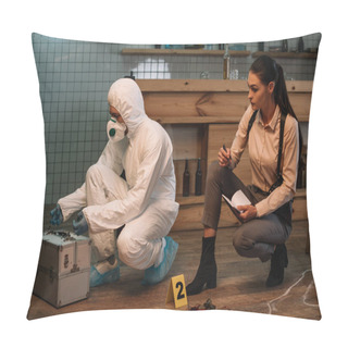 Personality  Forensic Investigator And Focused Female Detective Taking Notes And Examining Crime Scene Together Pillow Covers