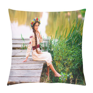 Personality  Beautiful Long Braided Hair Girl In Ukrainian Traditional Dress And Wreath Posing On Green Nature Near River. Portrait Of Young Attractive Stylish Woman On Colorful Warm Background. Pillow Covers