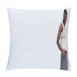 Personality  Handsome And Muscular African American Model In Pants And Sleeveless T-shirt Posing Confidently In Stylish And Trendy Outfit Isolated On Grey, Banner  Pillow Covers