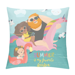Personality  Sea Time. Cute Family Enjoy Summer Vacation At The Sea Pillow Covers
