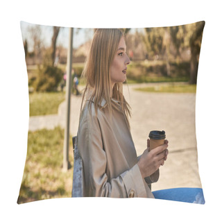 Personality  Young Blonde Woman In Trench Coat Holding Paper Cup With Takeaway Coffee, Sitting On Bench In Park Pillow Covers
